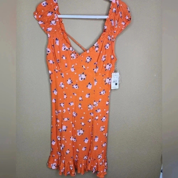 Free People Like a Lady Orange Citrus Floral Mini Dress Lace Up Back S NWT - Picture 2 of 16